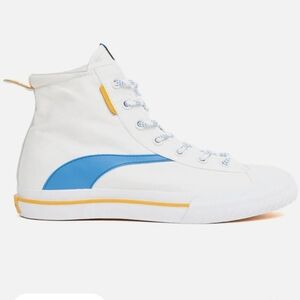 White High-Top Sneaker with Blue Accent and Yellow Trim